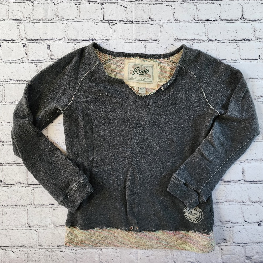 Roots Canada Women XS Charcoal Grey Rainbow Marl Notched V-Neck Sweatshirt Logo